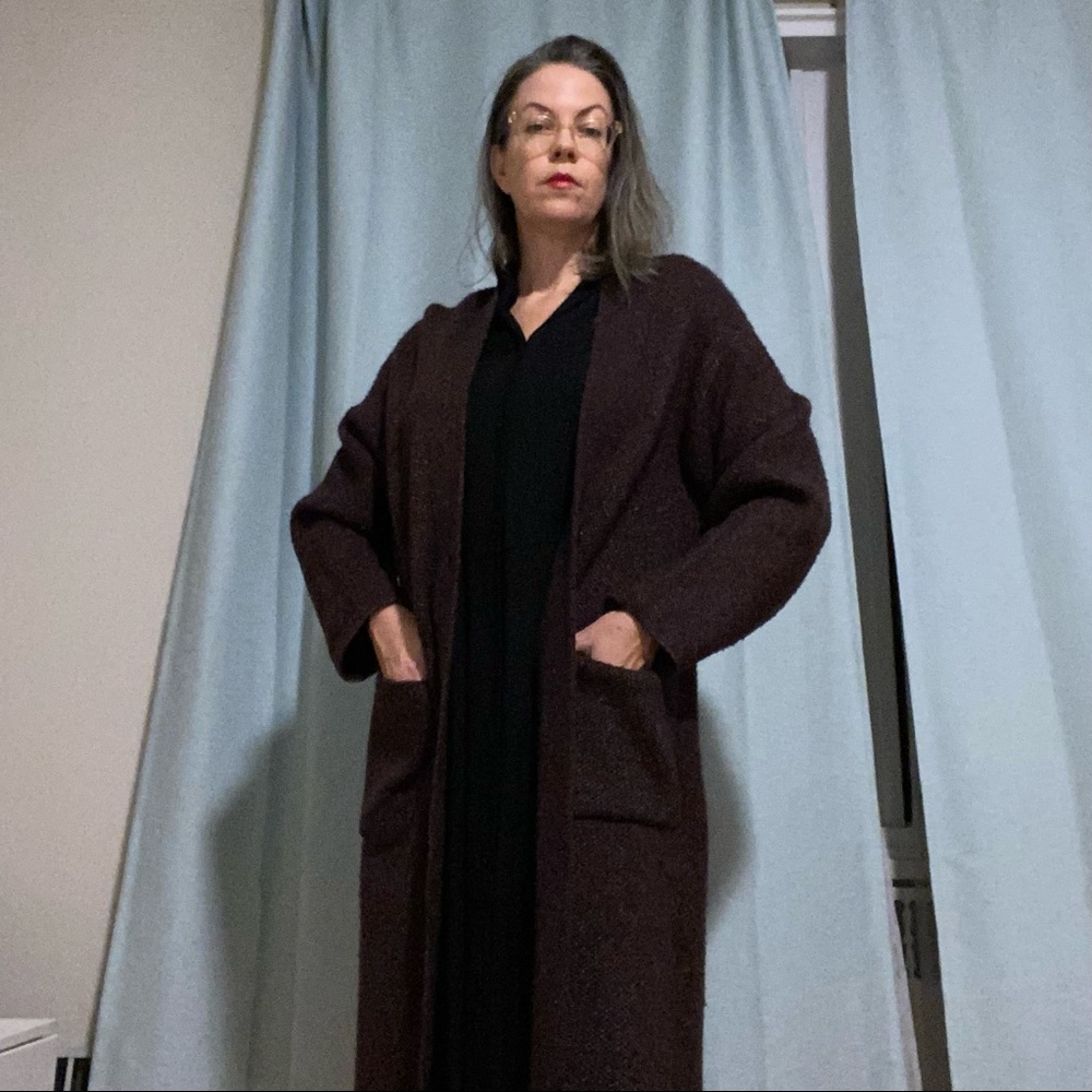 Cozy plum heather Uniqlo sweater-coat, size L. Single button, pockets.